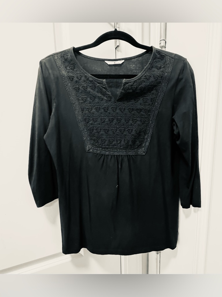 Black Women's Embroidered Yoke Top - Classic Scoop Neck. Denim Jeans & Casuals!